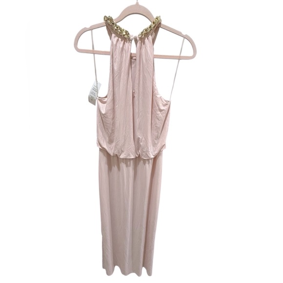 Petal pink midi dress draped bodice and gold link halter neck new with tags - Picture 3 of 6